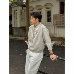 男士长袖V领条纹衬衫宽松新款秋季高级感衬衫假两件休闲百搭简约