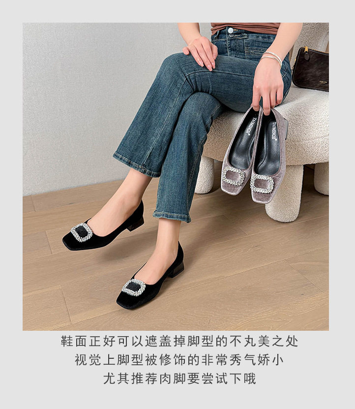 Giày bệt nữ mũi vuông khóa cài đính đá, cổ thấp, đế bằng, giày công sở — màu xám, màu đen chi tiết 8