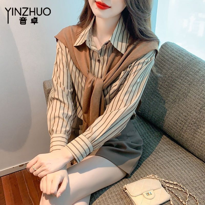 音卓2023春秋季别致披肩休闲衬衣长袖复古条纹衬衫女上衣直筒宽松|undefined