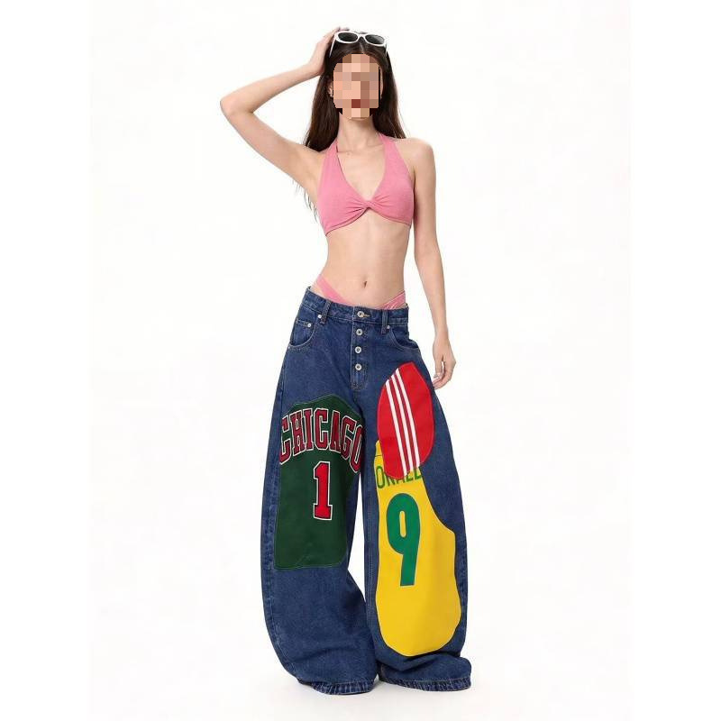 Celebrity-inspired street style cartoon print patchwork color-block wide-leg jeans for women, trendy hip-hop cool straight pants Celebrity-inspired street style cartoon print patchwork color-block wide-leg jeans for women, trendy hip-hop cool straight pants