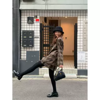 格纹学院风西装百褶裙套装女秋宽松西服a字半身裙两件套