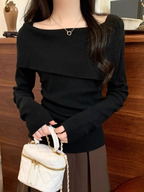 设计感一字肩翻领长袖针织衫女春秋内搭修身甜辣打底毛衣外穿上衣|undefined