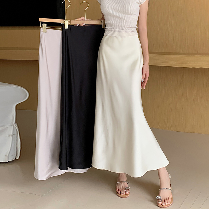 2023 Summer New Korean Style High Waist Slimming French Style Retro Satin Hip Fishtail Skirt Long Skirt for Women
