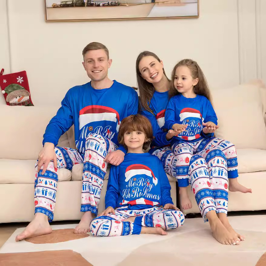 Christmas Striped letter-print home suit pajamas suit Santa hat family suit_voghion.com