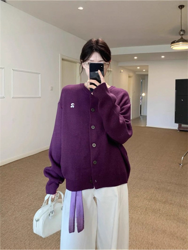 韩版学院风紫色开衫毛衣女秋季2025新款宽松显瘦休闲显白百搭上衣|undefined