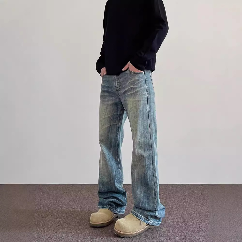 Spring and Autumn American Style High Street cleanfit Cat Bamboo Pattern Dressed Jeans Trendy Straight Micro Vibe Pants