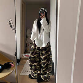 韩版时尚少女设计感迷彩保暖毛绒长裤子女秋冬季打底居家外穿百搭