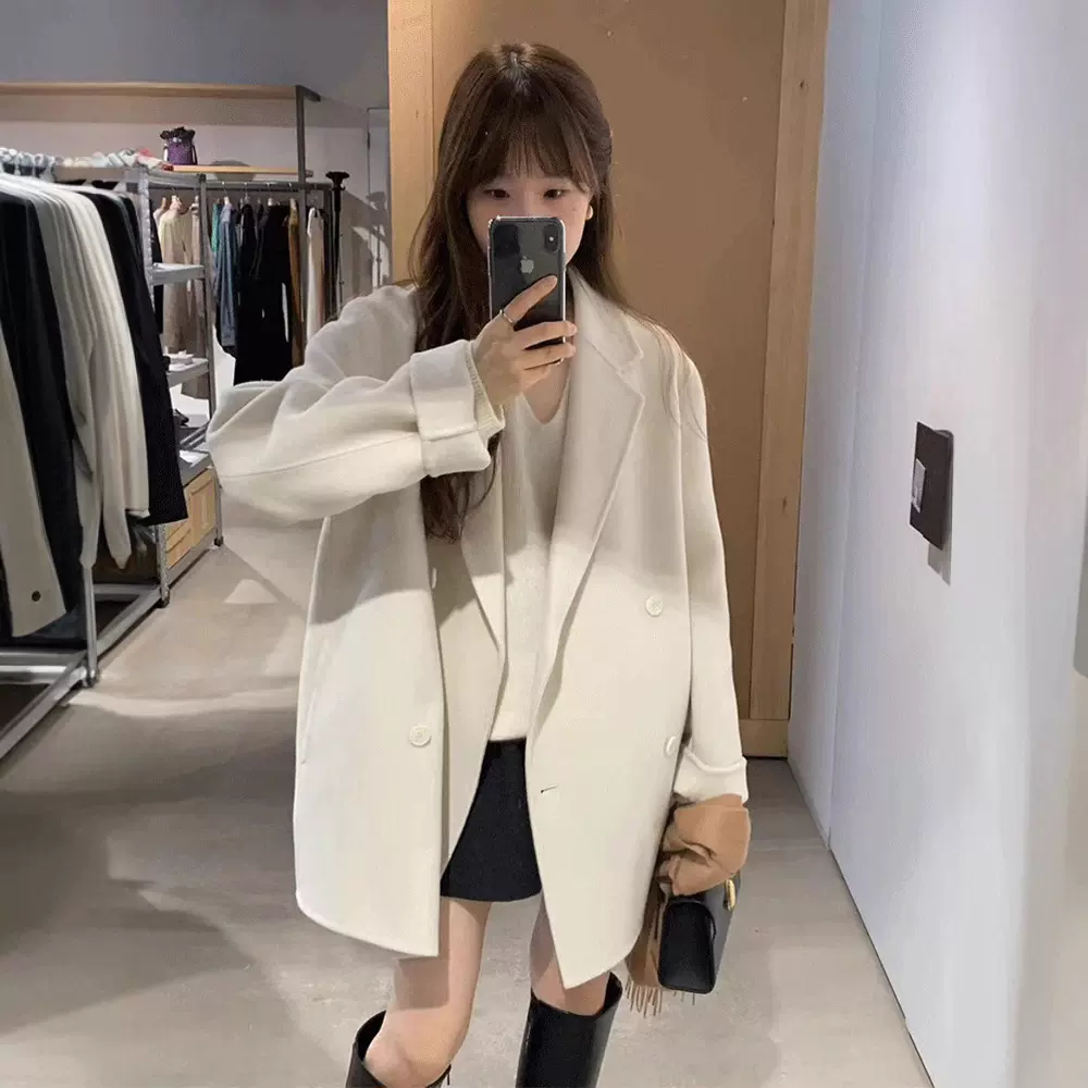 生C 米色苏力双排扣澳毛大衣女2025秋冬韩系气质高级感外套oun*e