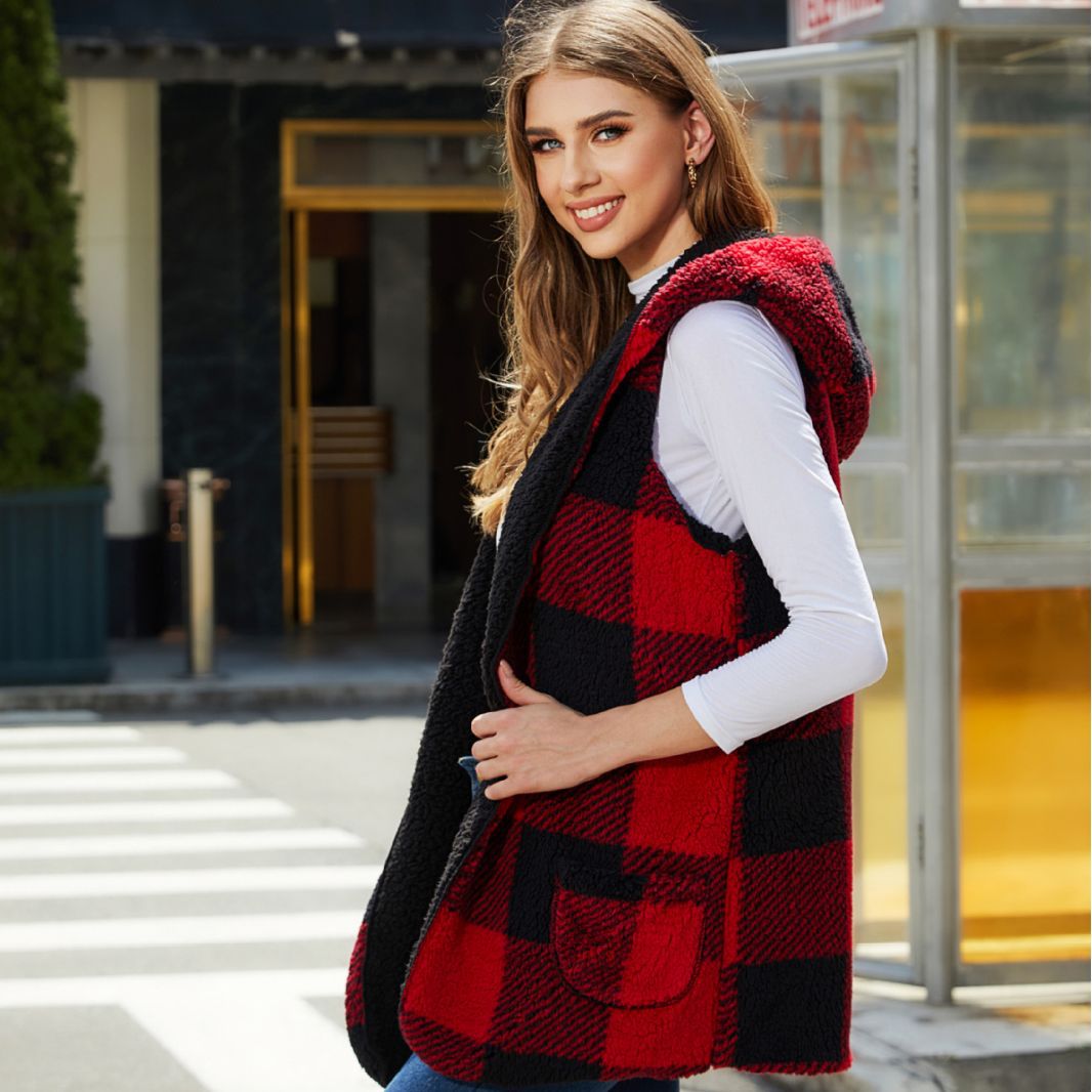 Flash terciopelo transfronterizo europeo y americano otoño ropa de mujer suelta moda con capucha hebilla cardigan Plaid Plush chaleco abrigo para mujeres