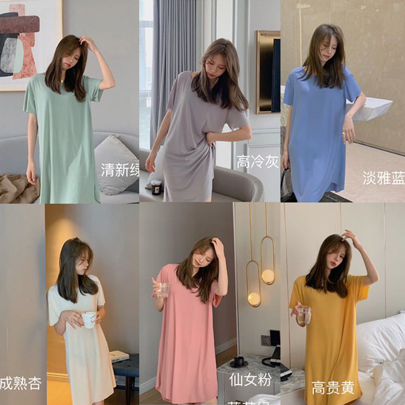 海外爆款冰丝连衣裙子女夏季简约睡衣中长款舒适纯色宽松居家服装