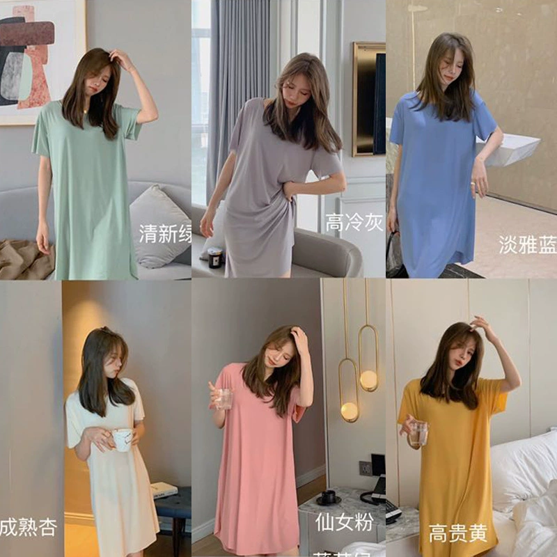 Популярное женское платье из ледяного шелка для ношения за границей, летняя простая ночная рубашка, средней длины, удобная, однотонная, свободного кроя, для дома.