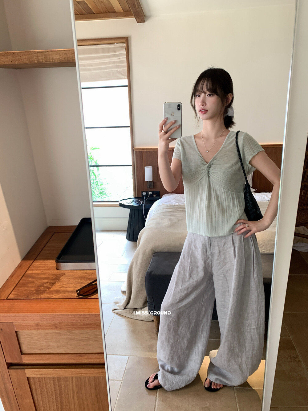 Áo thun nữ tay ngắn cổ V xoắn nút phong cách Pháp, chất liệu linen mềm mại — xanh đậm, Xanh nước biển, hồng nhạt, bạc hà xanh chi tiết 20