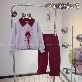 女童韩版加绒套装中大童秋冬新款洋气卡通翻领上衣时髦长裤两件套