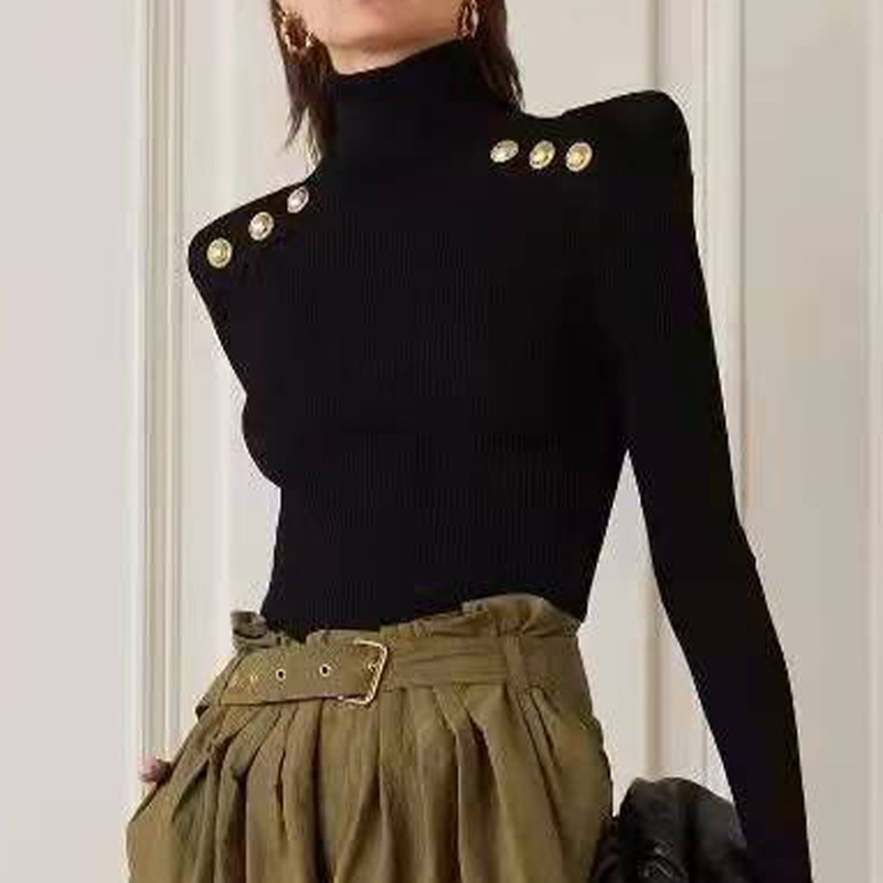 2022 Early Spring New Women's High Collar Gold Buckle Knitted Sweater Solid Color Slim-fit Slimming Sweater Long-sleeved French Elegant 2022 Early Spring New Women's High Collar Gold Buckle Knitted Sweater Solid Color Slim-fit Slimming Sweater Long-sleeved French Elegant