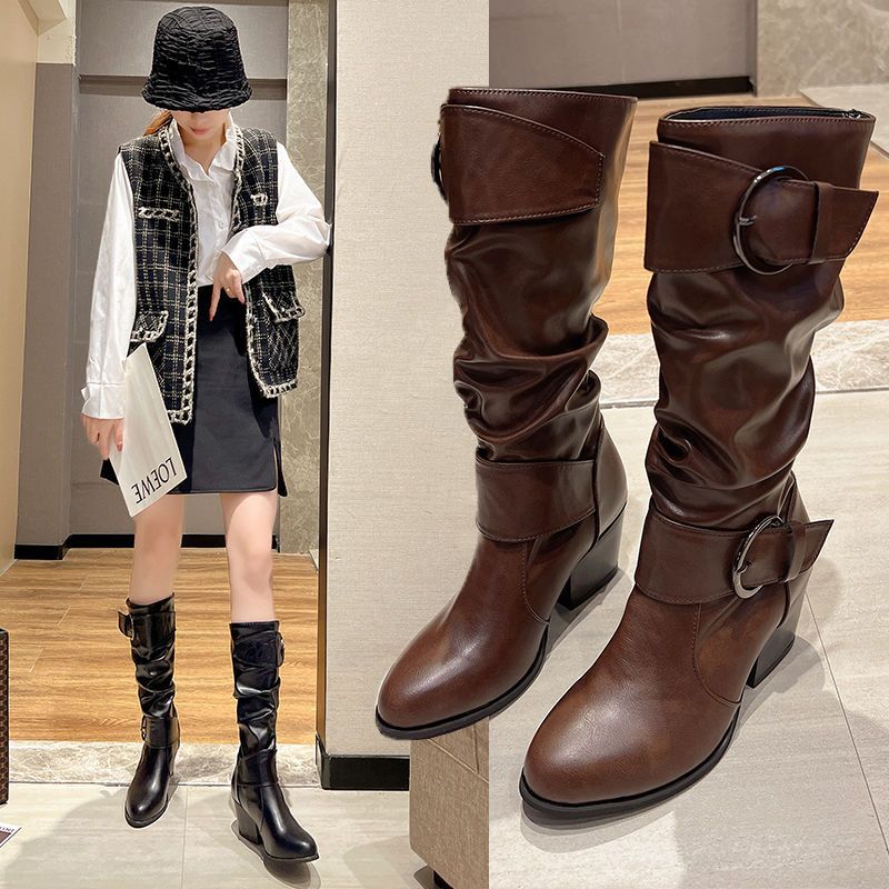 Mid-Calf Boots for Women, Large Size, Spring and Autumn New Style, Brown Thick Heel, Retro High-Top Women's American Boots, Western Boots, Knight Boots