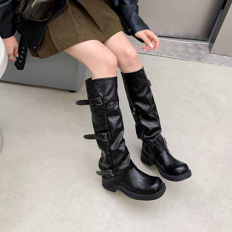 葡萄妈同款增高皮带扣方圆头褶皱中筒骑士靴女西部褶皱堆堆裤管靴|undefined
