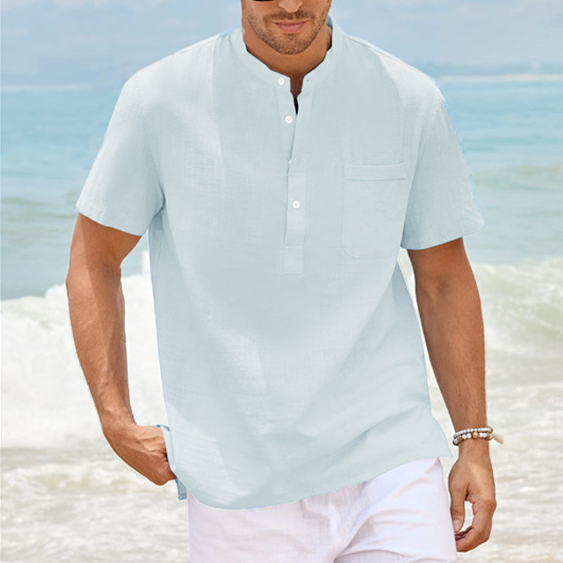 Herren Baumwollleinen Pullover Hemd Mit Stehkragen Kurzarm_voghion.com