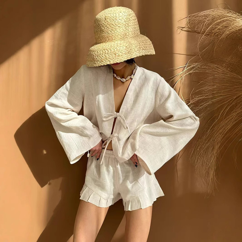 Cross-border 2025 New Natural Cotton and Linen Lace-up Top Shorts Pajamas Women's Loose Casual Outwear Home Clothes suit Cross-border 2025 New Natural Cotton and Linen Lace-up Top Shorts Pajamas Women's Loose Casual Outwear Home Clothes suit