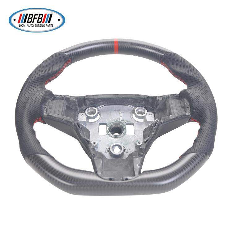 100% Real Carbon Fiber Matte Black Steering Wheel with Black Perforated Leather and Red Stitching and Red Logo - For Tesla Model Y - Steering Wheel Modification