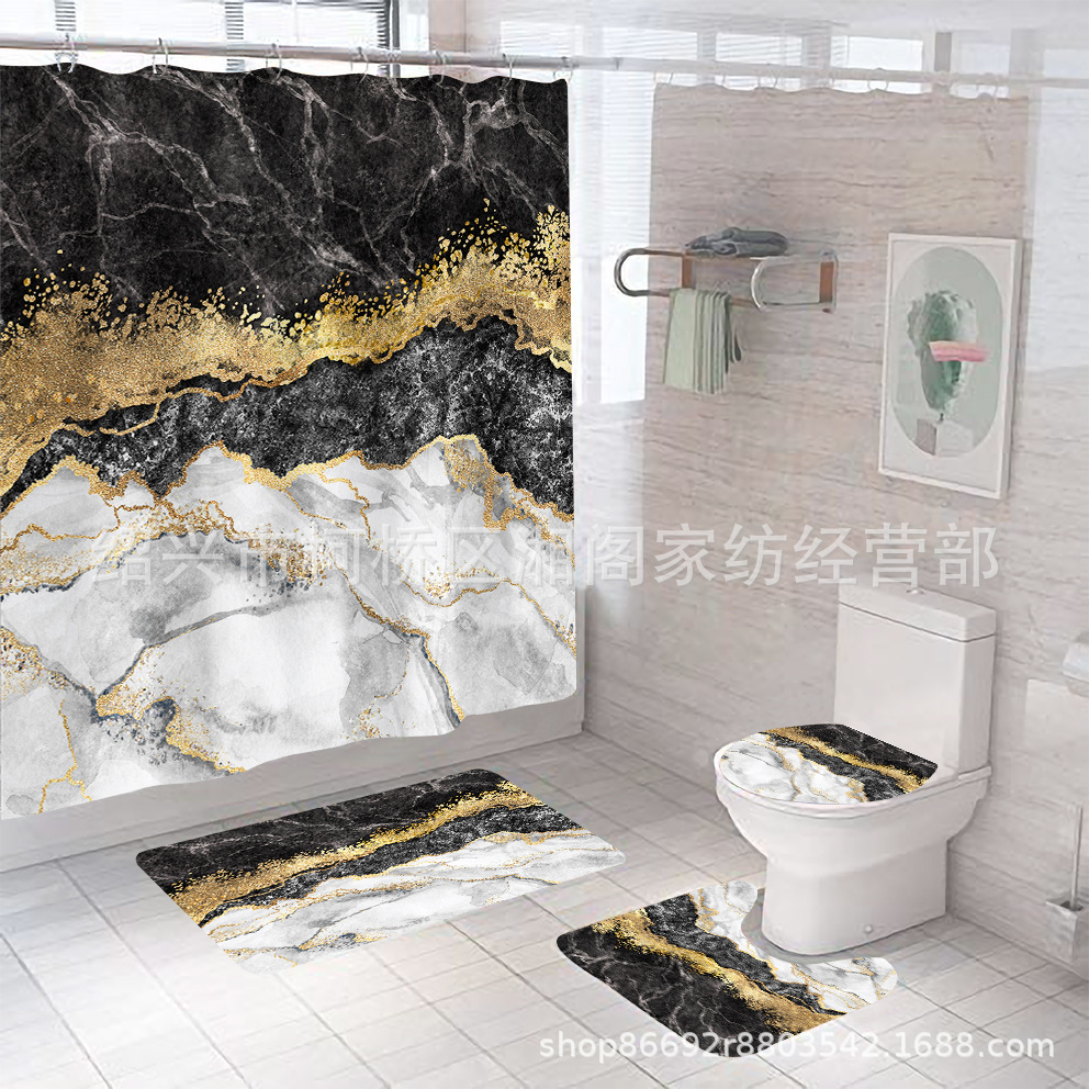 Cross-border e-commerce digital printing marble pattern waterproof and mildew-proof bathroom shower curtain three-piece set four-piece wholesale