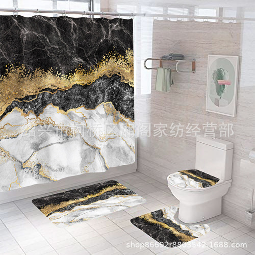 Cross-border e-commerce digital printing marble pattern waterproof and mildew-proof bathroom shower curtain three-piece set four-piece wholesale