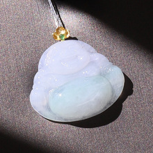 天然缅甸翡翠A货18K金镶嵌春带彩翡翠弥勒佛吊坠女款玉石珠宝挂件