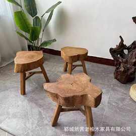 老榆木矮凳诧寂风实木做旧不规则矮凳家用玄关换鞋凳民宿沙发凳