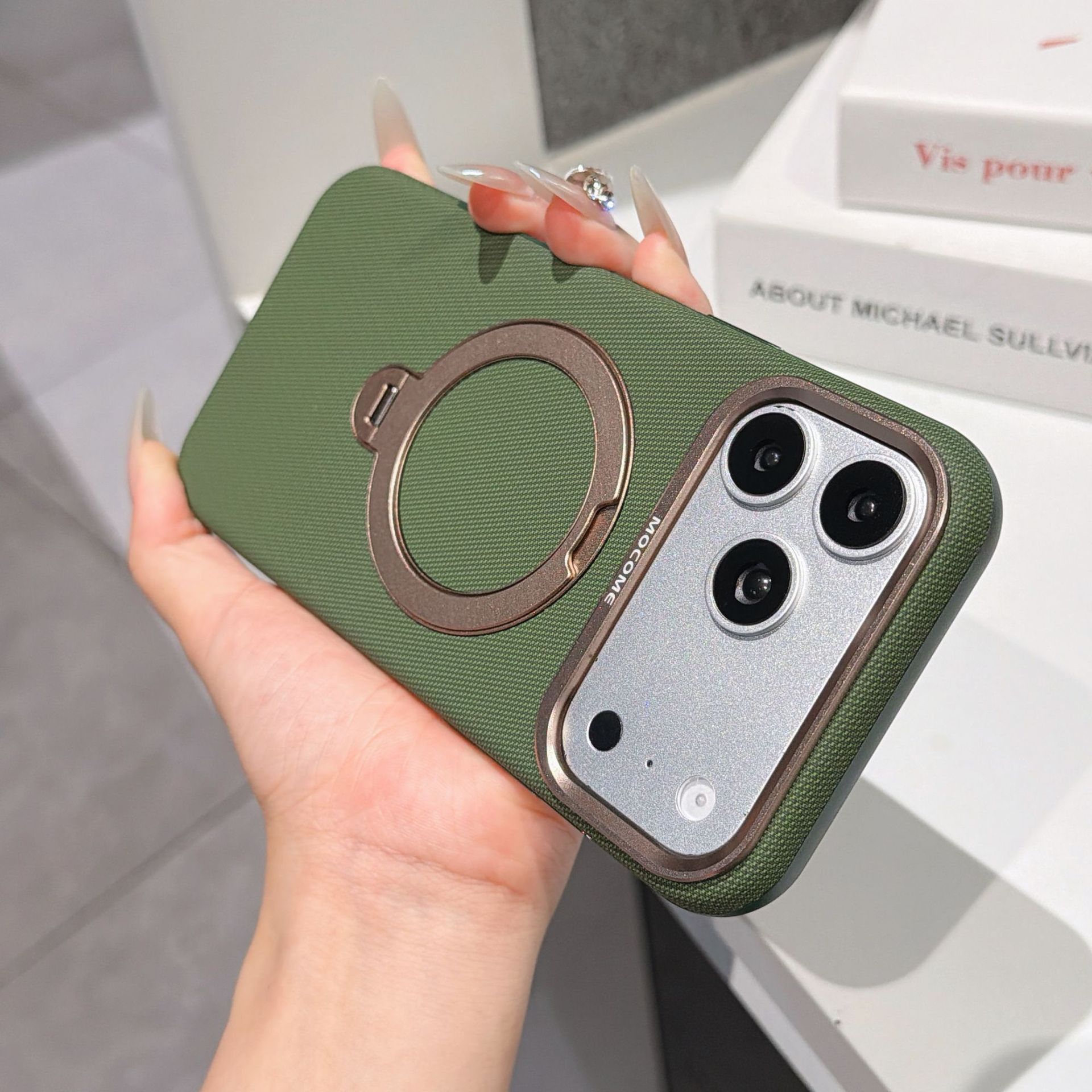 Ốp lưng da iPhone 16/17 Pro Max có vòng xoay 360 độ, nam châm hút, chống sốc viền dày — Đen, Nâu, Tím, Xanh dương chi tiết 28