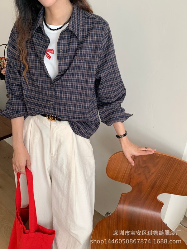 琪镌绘制秋季韩系复古格子轻薄透气衬衫女装休闲宽松遮肉长袖衬衫|undefined