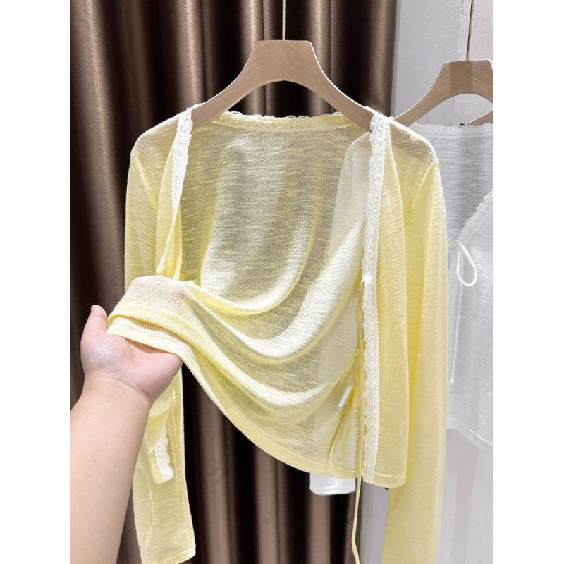 Yellow Dopamine Long-Sleeve Sun Protection Cardigan for Women, Summer Thin Dance Outerwear Shawl with Lace Trim, Air Conditioning Cover-Up Trendy Yellow Dopamine Long-Sleeve Sun Protection Cardigan for Women, Summer Thin Dance Outerwear Shawl with Lace Trim, Air Conditioning Cover-Up Trendy