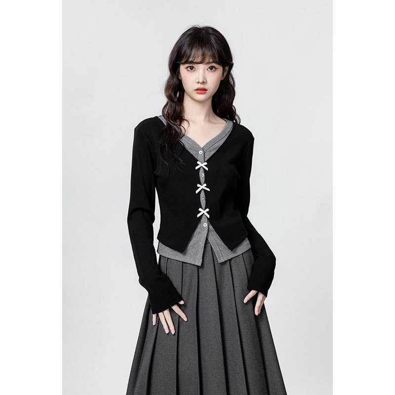 Morning collar [original fabric feel positive] fake two-piece stitching v-neck long sleeve t-shirt early autumn slim slim short