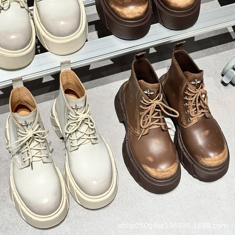 Sk Phantom Leather Motorcycle Boots Women's Shoes Polished Retro Round Toe Lace-Up Thick-Soled High-Top Boots 25 Summer New Style