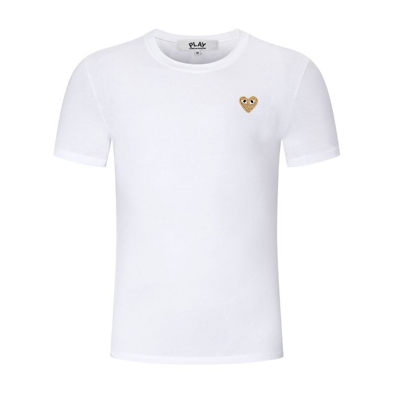 PLAY camiseta de manga corta unisex con bordado de corazón de mosaico de verano, corazón doble, corazón dorado