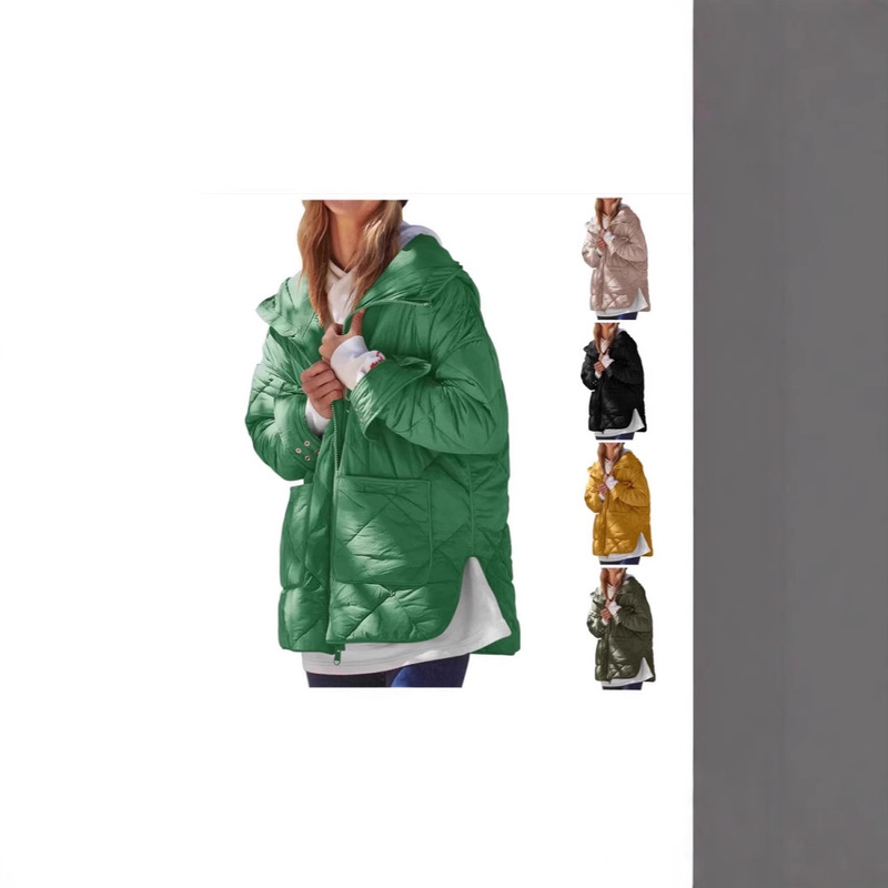 Amazon Cross-Border Diamond-Patterned Large Pocket Slit Loose Hooded Long-Sleeve Zip-Up Cotton Jacket Made of Regenerated Cellulose Fiber