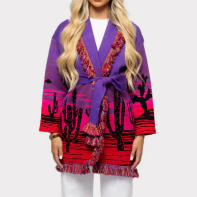 Cross-border European and American premium product: Bohemian tropical style cactus jacquard fringed purple-red cardigan sweater coat
