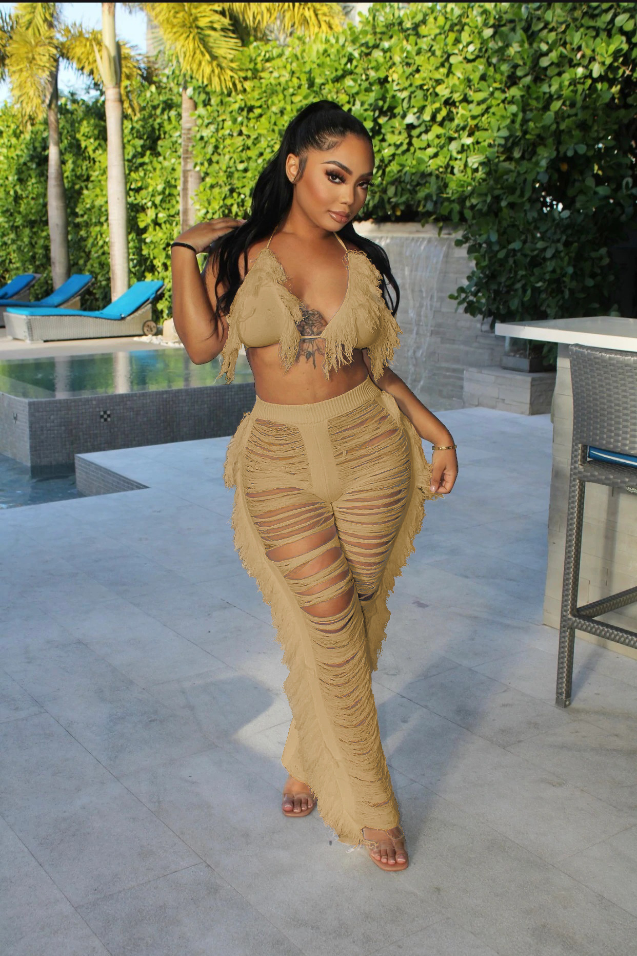 Women's Clothing summer new women's sexy tassel knitted pants suit_voghion.com