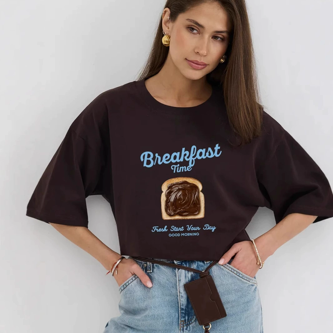 Европейские и американские топы для трансграничного экспорта, новые летние свободные хлопковые футболки средней длины с короткими рукавами и персонализированным принтом для женщин