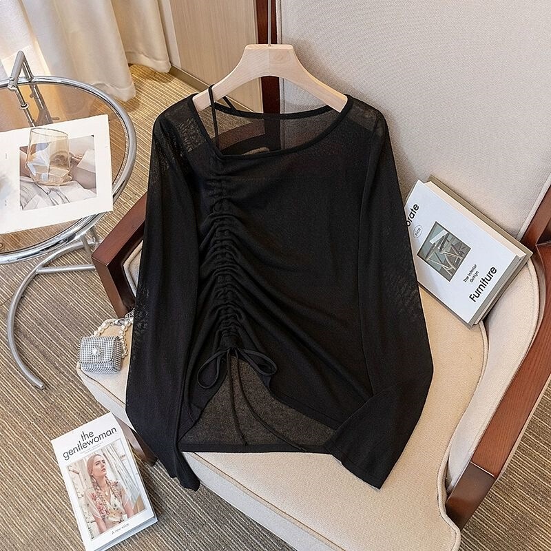 Stylish Thin Semi-Transparent Sun Protection T-Shirt for Women, Summer Plus-Size Cover-Up Top with Irregular Drawstring Design Stylish Thin Semi-Transparent Sun Protection T-Shirt for Women, Summer Plus-Size Cover-Up Top with Irregular Drawstring Design