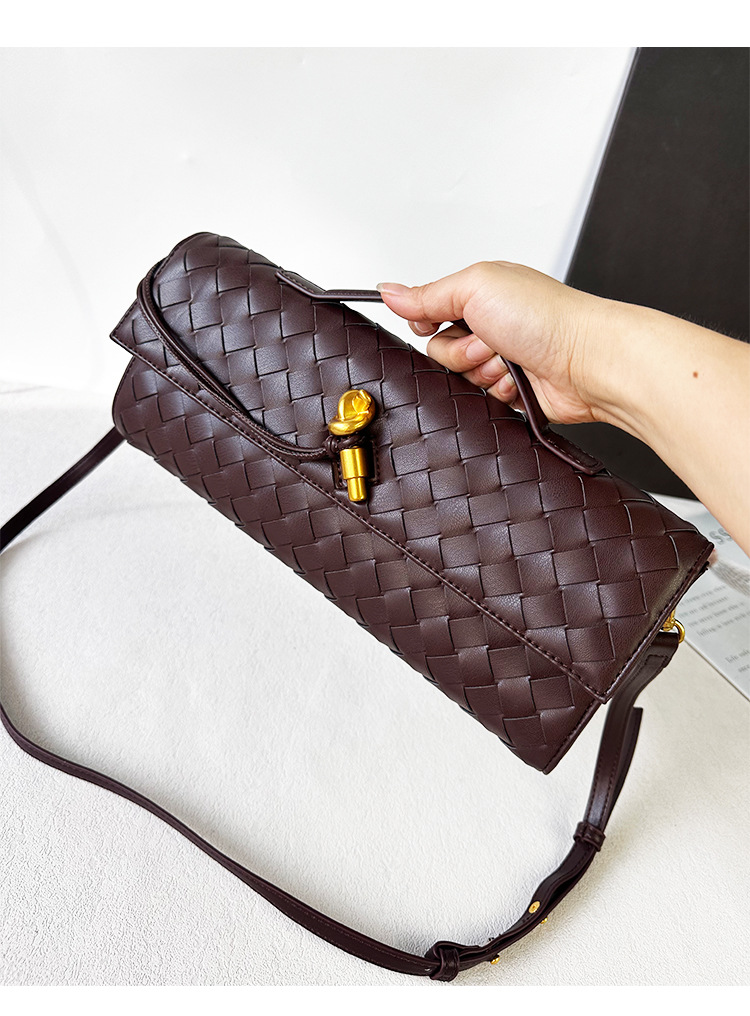 Túi clutch da bò dệt thủ công phong cách Pháp đeo chéo một bên vai — Cà phê, Trắng be, Xám nhạt, Xanh cỏ chi tiết 8