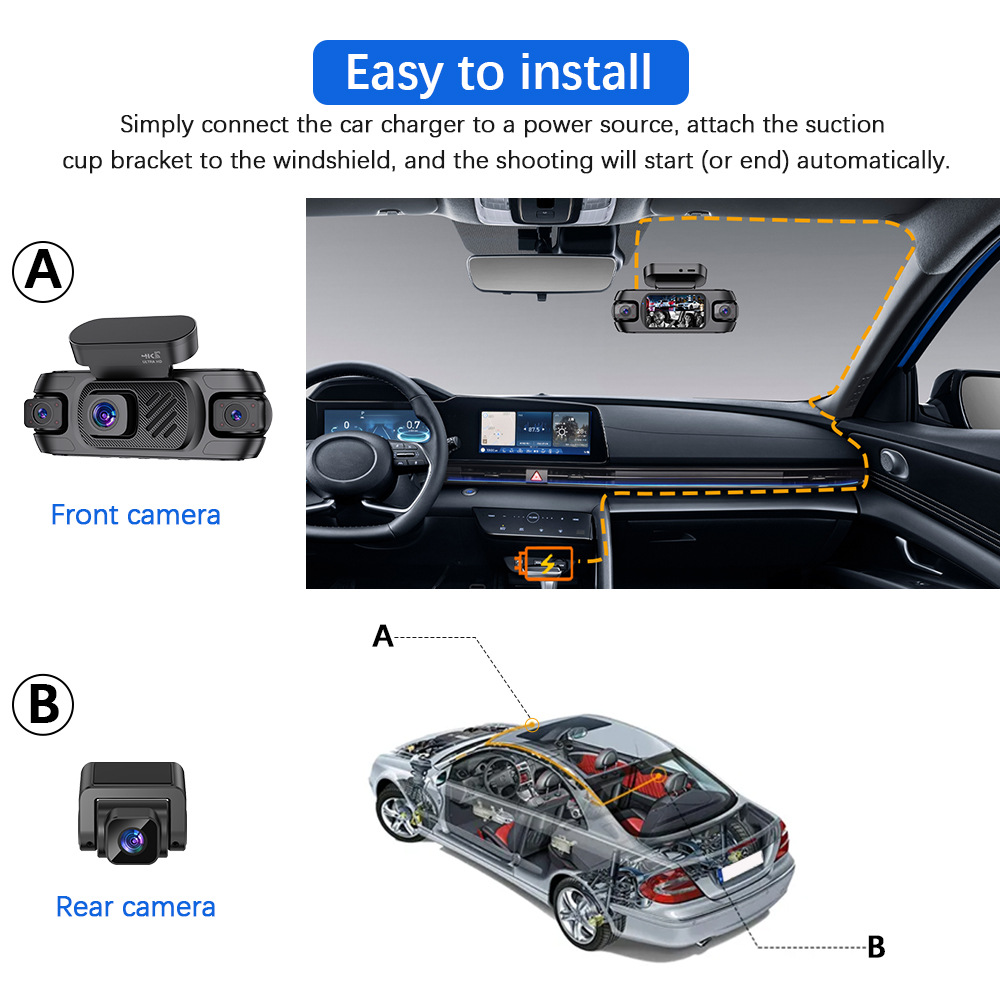 Cross-Border 3inch Ips Screen Four-Lens Four-Recording Dash Cam with Built-In Gps, Night Vision, and Wifi Multi-Lens Recording