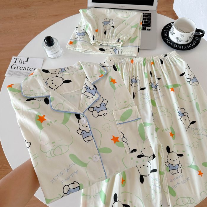 Pijamas de algodón de imitación de tres piezas 160G pantalones cortos de manga corta de verano para mujer