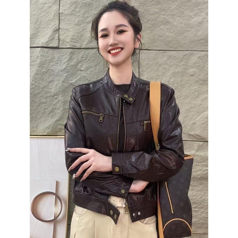 2025秋季新款时尚百搭宽松显瘦立领短款皮衣外套女休闲夹克上衣潮|undefined