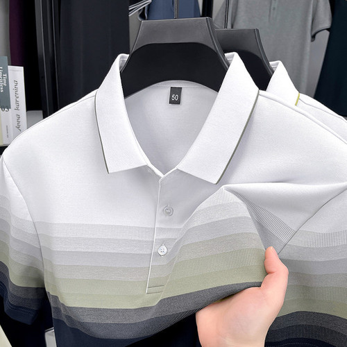 Summer Collared Cotton Striped Short-Sleeve Polo Shirt for Men Business Casual Thin T-Shirt Top