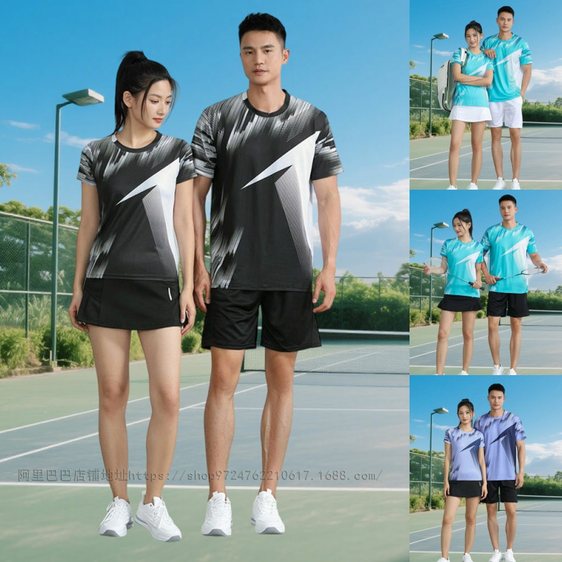 Men's and Women's Summer Badminton Sportswear Set, Black, Green, Purple Quick-Dry Short-Sleeve T-Shirt, Competition Volleyball and Table Tennis Jersey and Pants