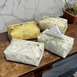 Jingzhe Floating Gold Bamboo Brocade Embroidery Tissue Box Tea Room Tea Table Tissue Box Cover Tea Ceremony Accessories Storage Box