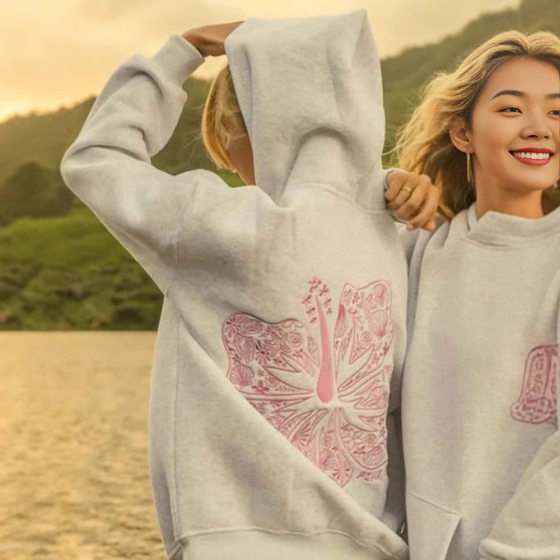 Professional embroidery cross-border European code shoulder sleeve hibiscus PINK PALM PUFF sweater hoodie a large number of in stock