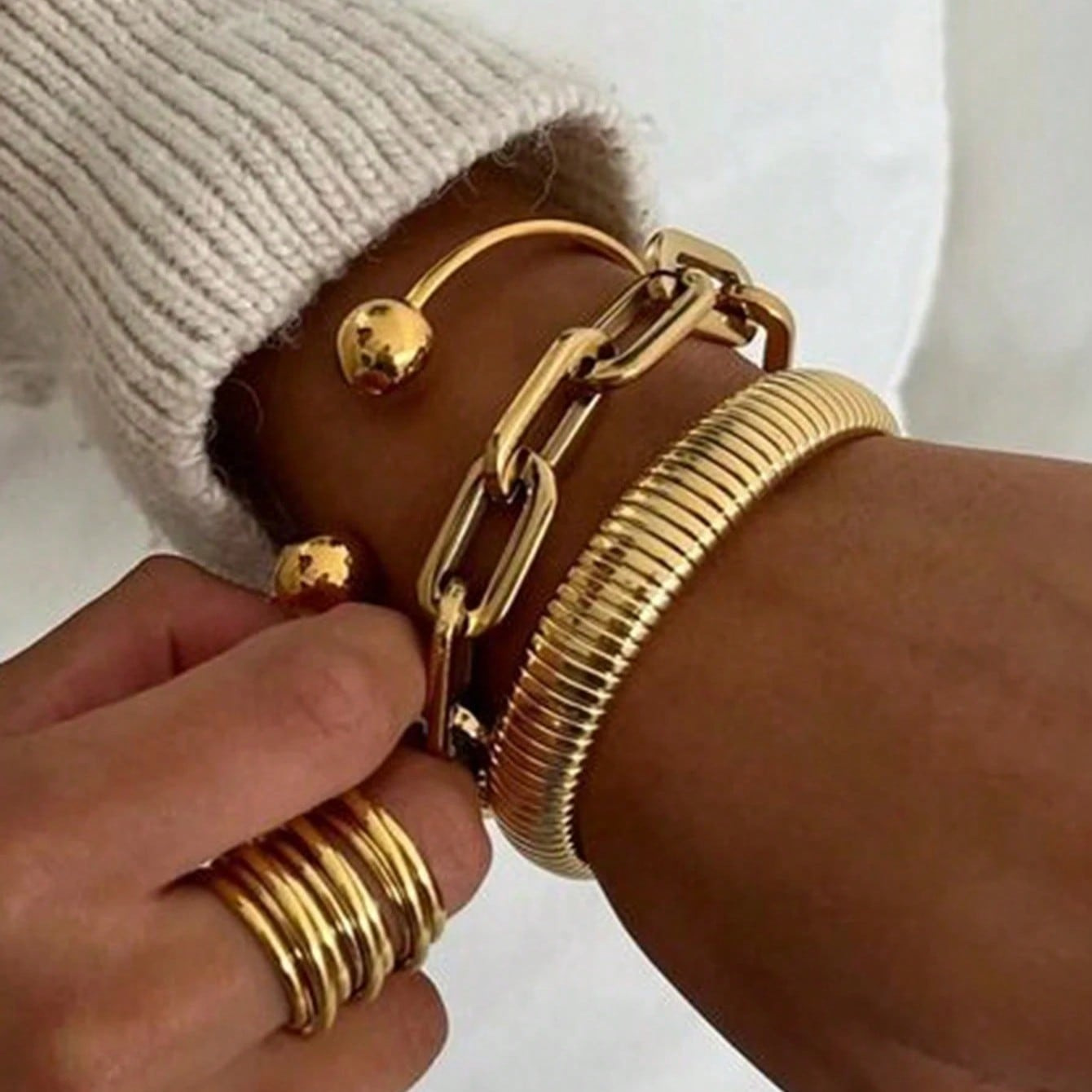 European and American Cross-Border Fashion Design Threaded Snake Bone Metal Bracelet Paper Clip Style Adjustable Bracelet Three-Piece Set for Women