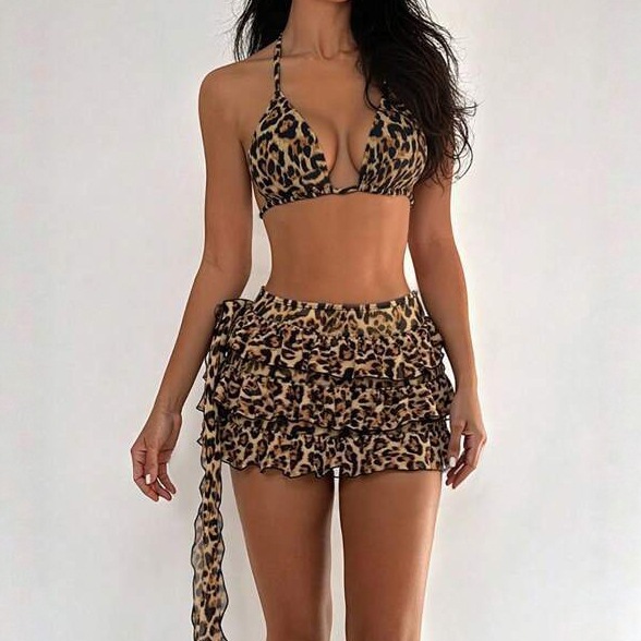 European and American Cross-Border Sexy Leopard Print Bikini Three-Piece Swimsuit Lace-Up Backless Ruffled Skirt Bikini Swimsuit