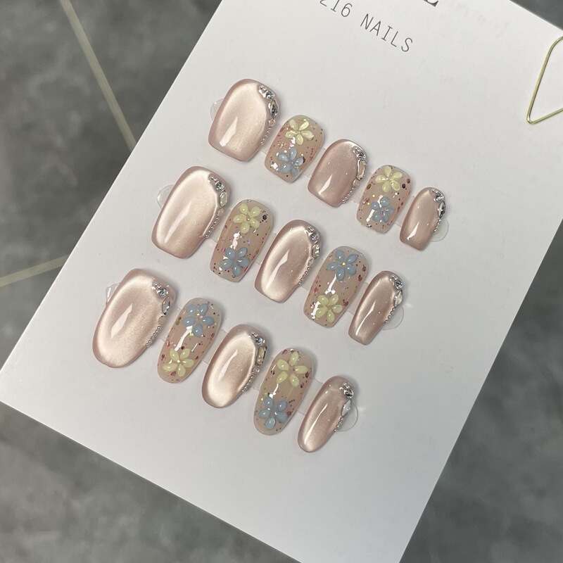 Three-Dimensional Flower Pure Handmade Wearable Nails Hand-Painted Flowers Cat Eye Manicure High-End Whitening Manicure Finished Product Wholesale