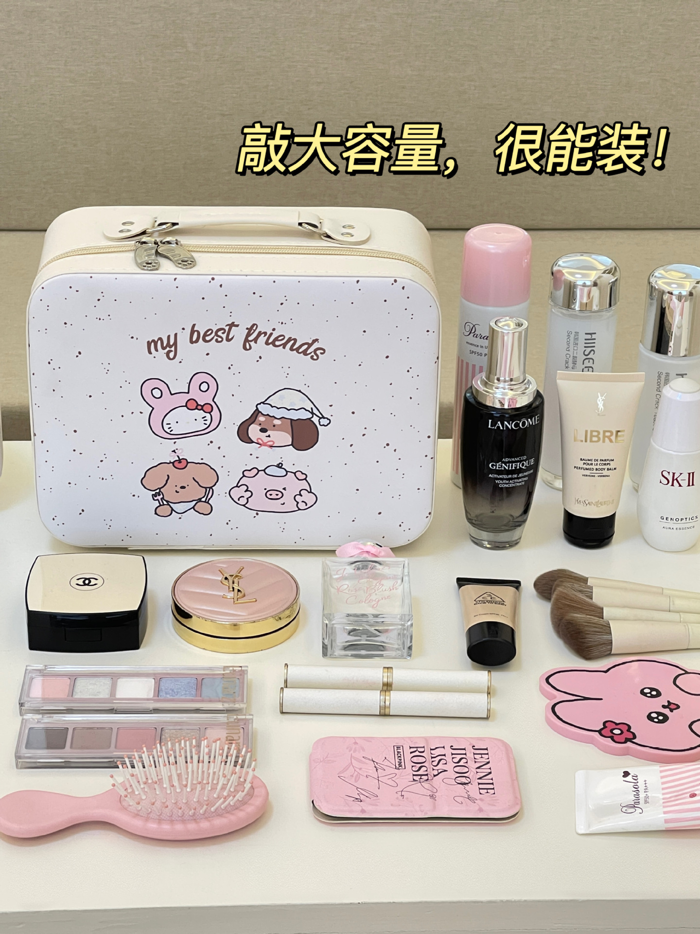 Bolsa de cosméticos con espejo para mujer, cosmética portátil de gran capacidad, bolsa de almacenamiento de partición de cepillo de maquillaje, estuche de maquillaje impermeable de viaje